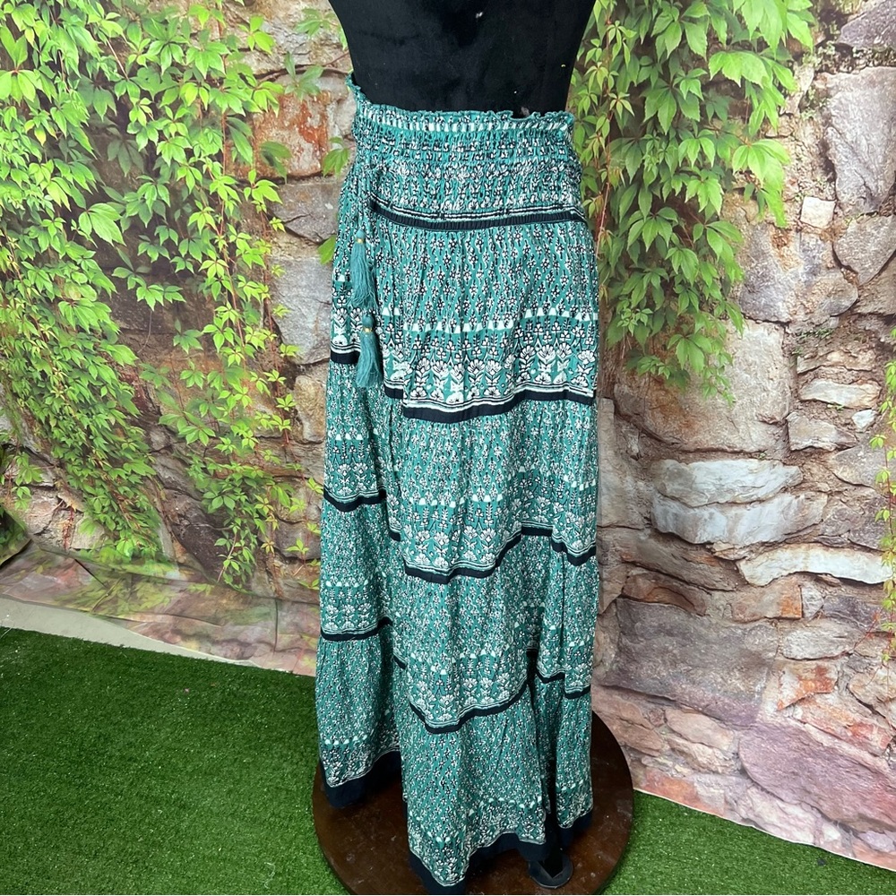 M.A.B.E. Mari Boho Patterned Green Shirred Maxi Skirt, M - Picture 6 of 16